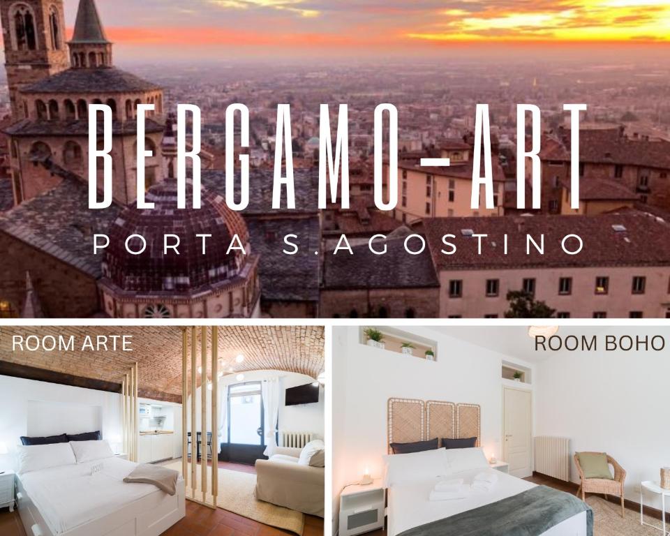 un collage di foto di una camera con vista sulla città di BERGAMO art - PORTA AGOSTINO a Bergamo