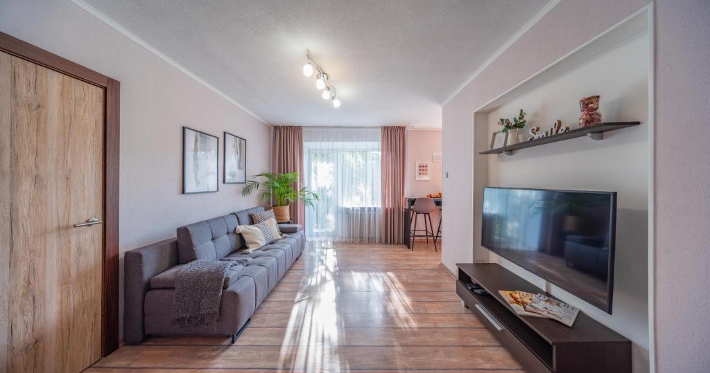 Televisyen dan/atau pusat hiburan di 500m to the Beach - 2 Room Apartment with Balcony