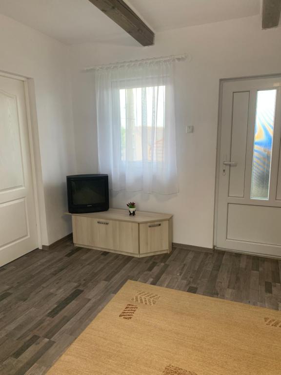 a living room with a television and a door at Camere de închiriat în localitatea Dănești in Dăneşti