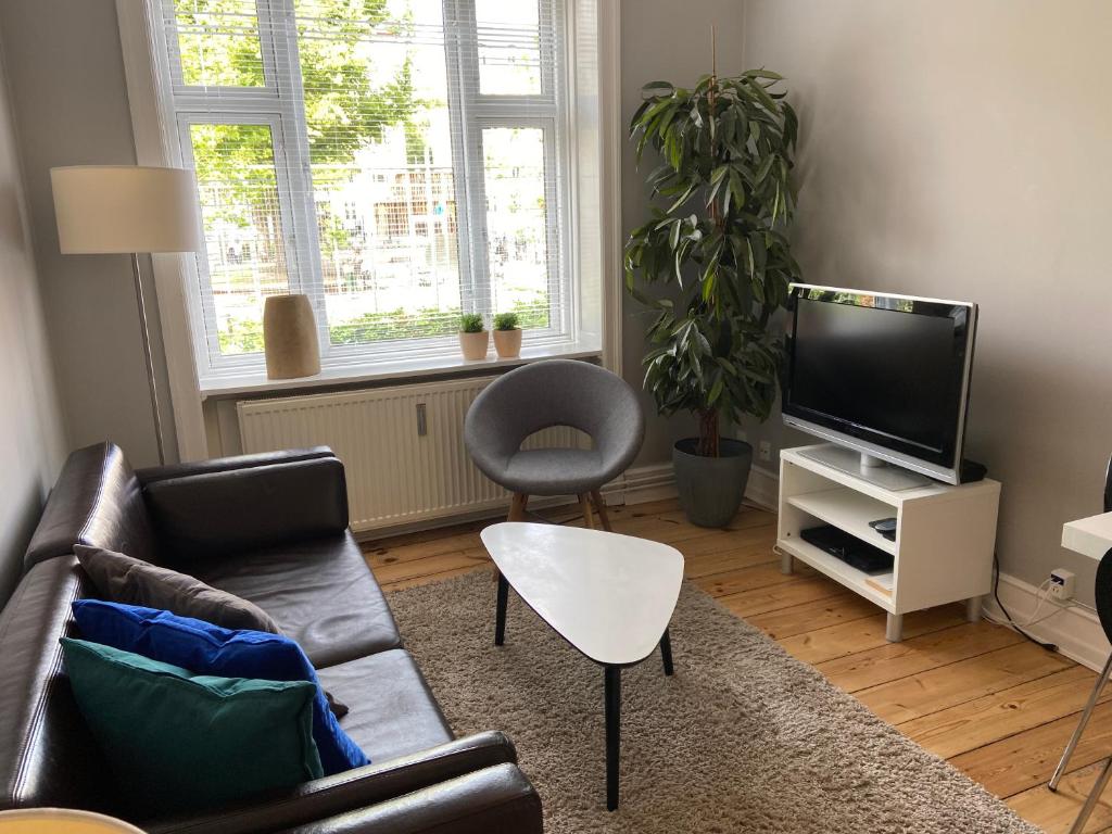 ein Wohnzimmer mit einem Sofa und einem TV in der Unterkunft Frederiksberg Apartments 438 in Kopenhagen