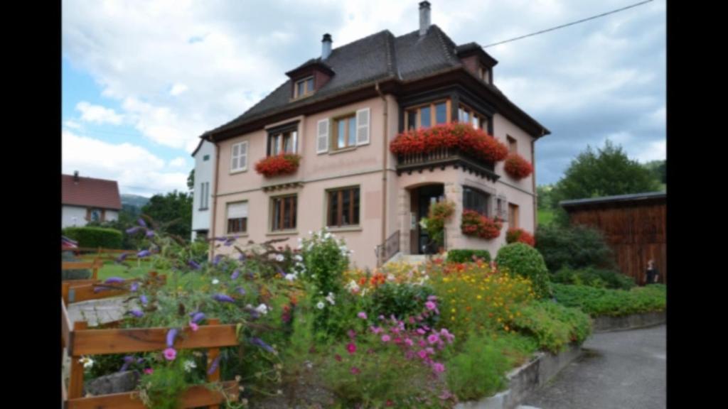 een huis met een bloementuin ervoor bij Au chant de la rivière in Stosswihr