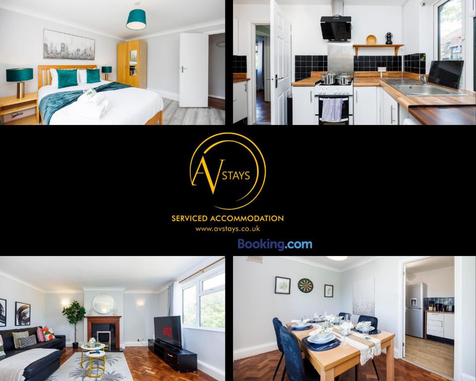 een collage van foto's van een slaapkamer en een woonkamer bij Large 2 Bed Apartment by AV Stays East Croydon in South Norwood
