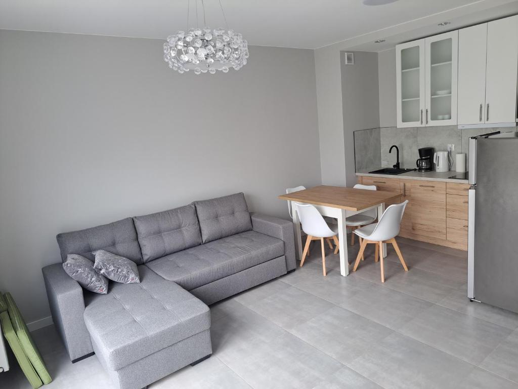 a living room with a couch and a table and a kitchen at Apartamenty Przystań Giżycko in Giżycko