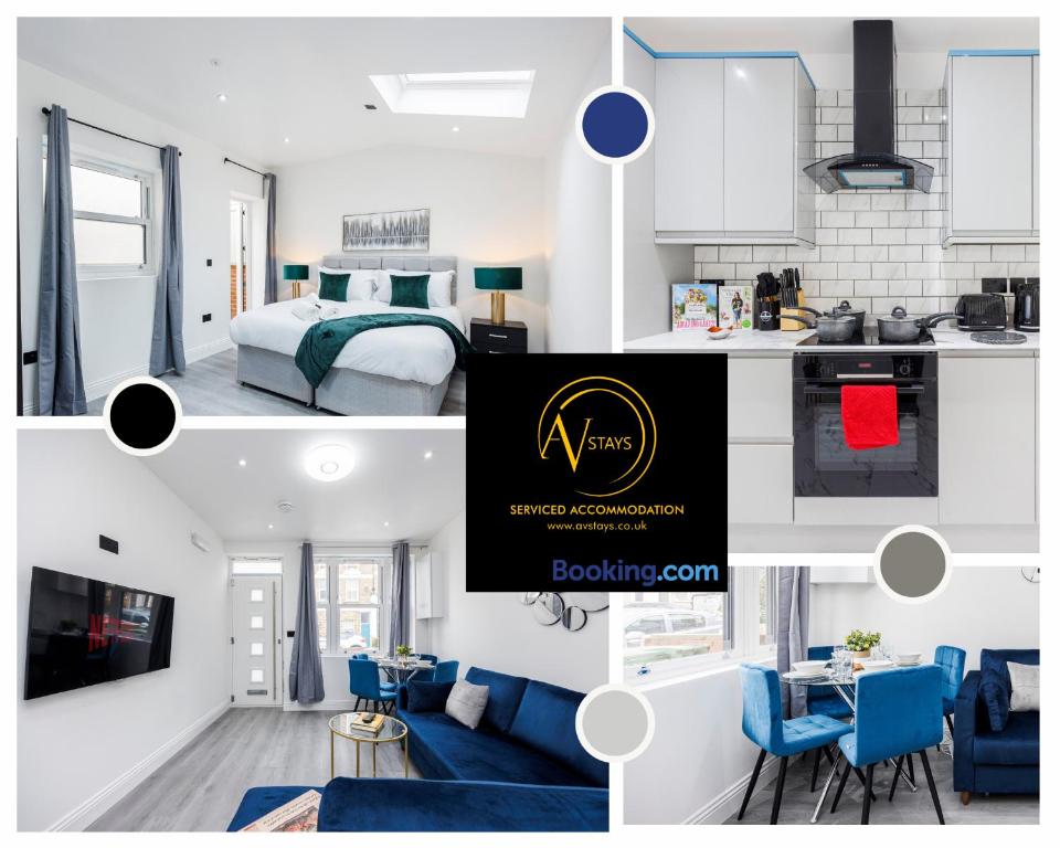 a collage of photos of a kitchen and a bedroom at 2 Bedroom Apartment by AV Stays Short Lets Southwark London in London