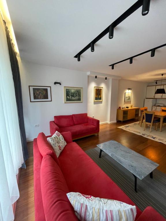 sala de estar con sofá rojo y mesa en Stefan's Cozy Skopje House en Skopie