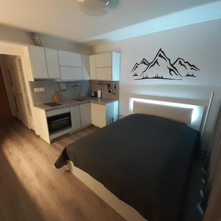 a bedroom with a black bed and a kitchen at Mountain View Studio Apartment in Poprad