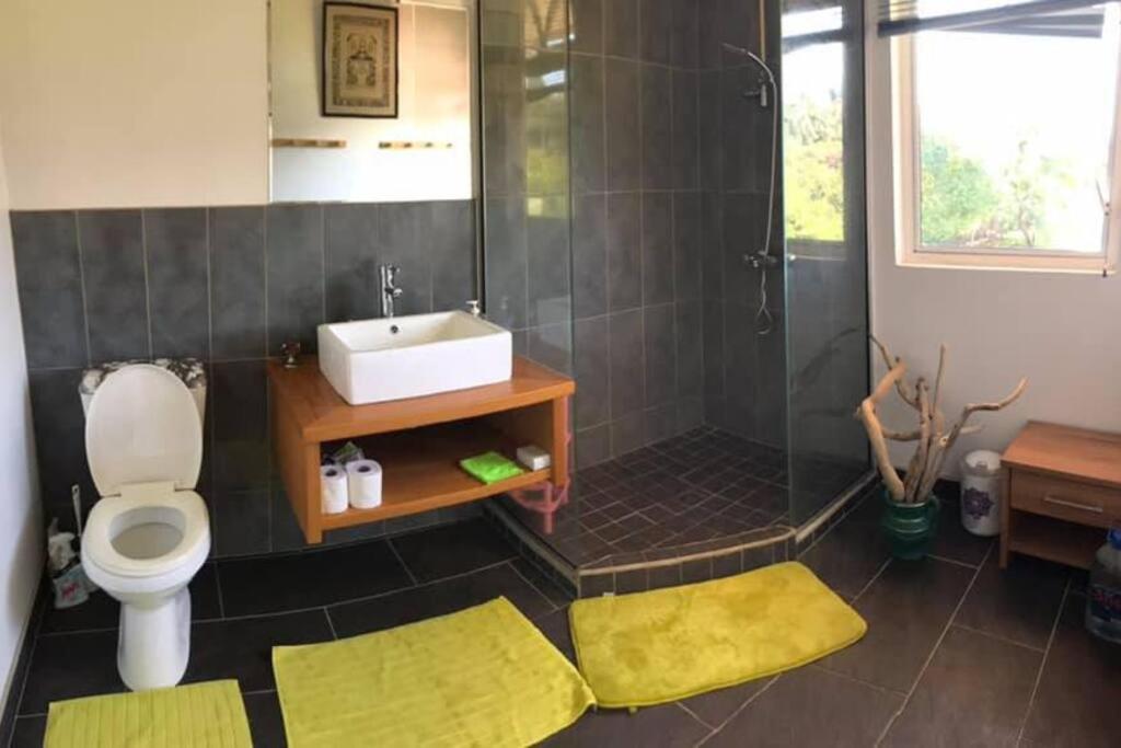 e bagno con lavandino, servizi igienici e doccia. di Te Mana Lodge a Taravao