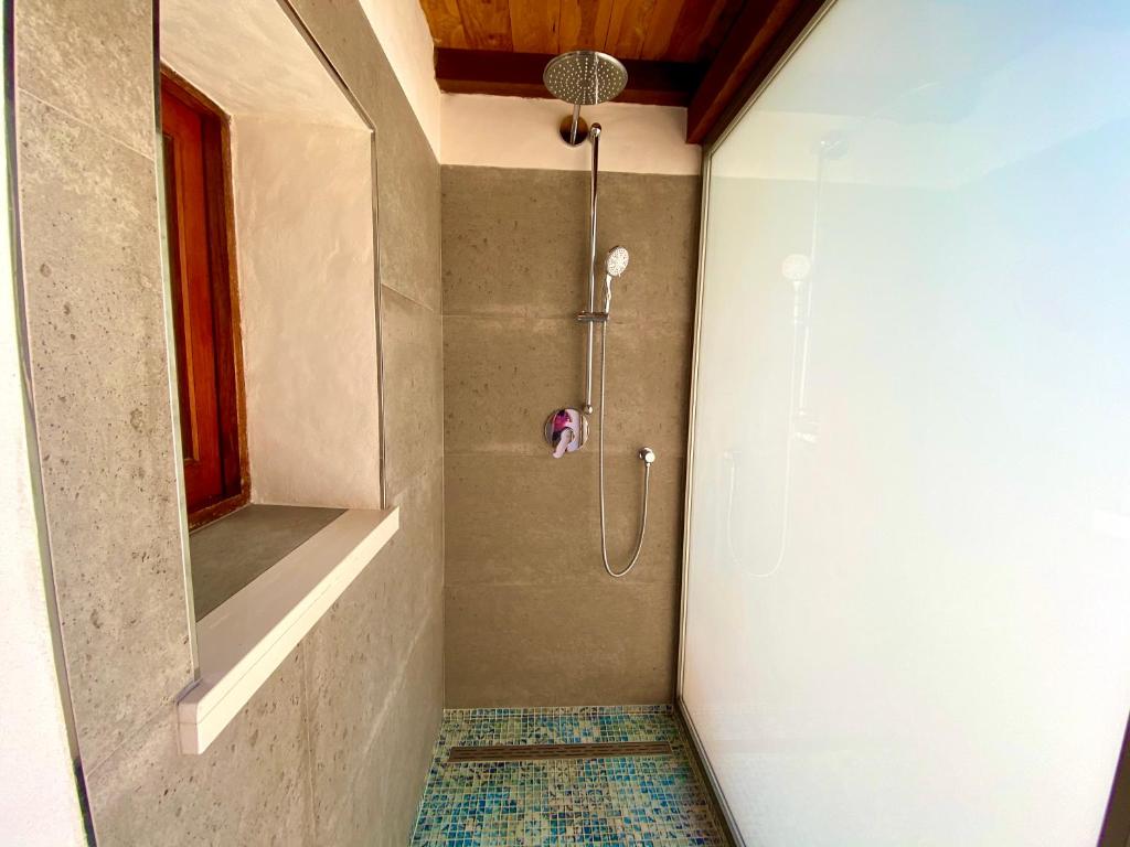 um chuveiro numa casa de banho com uma porta de vidro em CAN DAMIA 3 em Cala Saona