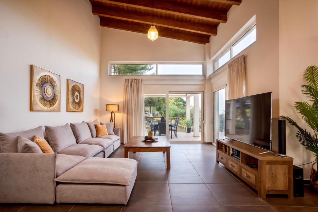 a living room with a couch and a tv at Villa Del Monte in Arménoi