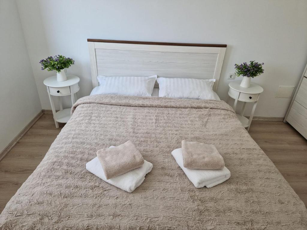 - une chambre avec un grand lit et 2 oreillers dans l'établissement San Casa Apartment, à Sebeş