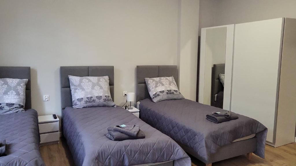 een slaapkamer met 2 bedden en een spiegel bij Central Platinum Apartments 2 in Rybnik