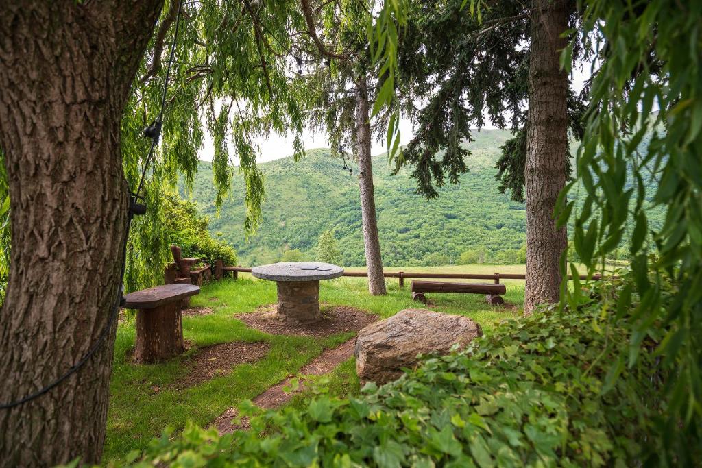 Apartament Rural La Colomina في Bernúy: طاولتان للتنزه وكراسي في حديقة بها أشجار