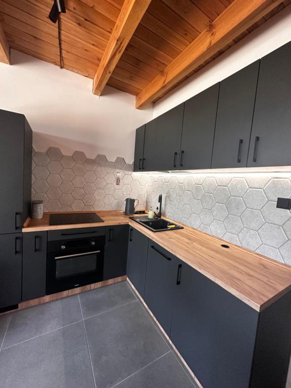 a kitchen with black cabinets and a sink at Bliżej Lasu in Śliwice