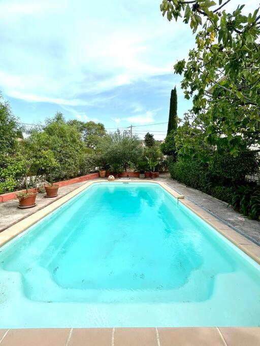 une grande piscine bleue dans une cour dans l'établissement Studio Love Les Orangers - Piscine - 15mn plage - 5 kms, à Six-Fours-les-Plages