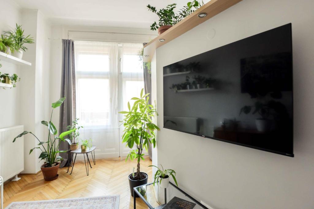 sala de estar con TV de pantalla plana grande en la pared en Dohany Design Apartments, en Budapest
