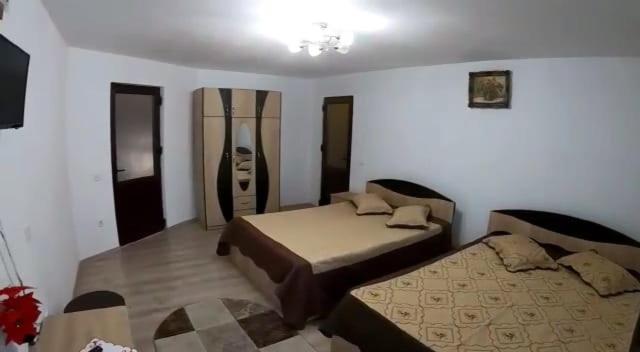 - une chambre avec 2 lits et une guitare sur le mur dans l'établissement Casa Rares Toc, à Vidra