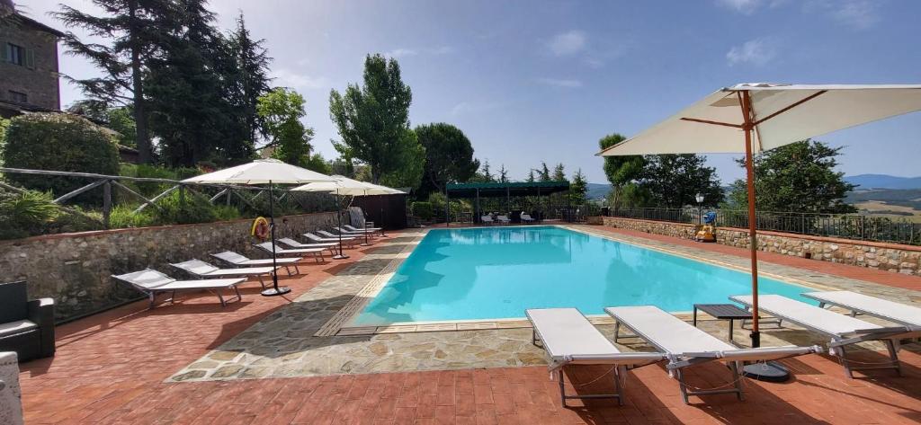 a swimming pool with lounge chairs and umbrellas at Tenuta Colombaio in Casole dʼElsa