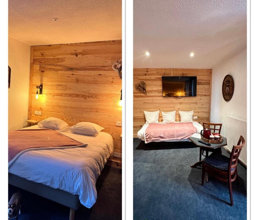 2 camas en una habitación con pared de madera en Hôtel-Restaurant La Bergerie, en Sévérac d' Aveyron