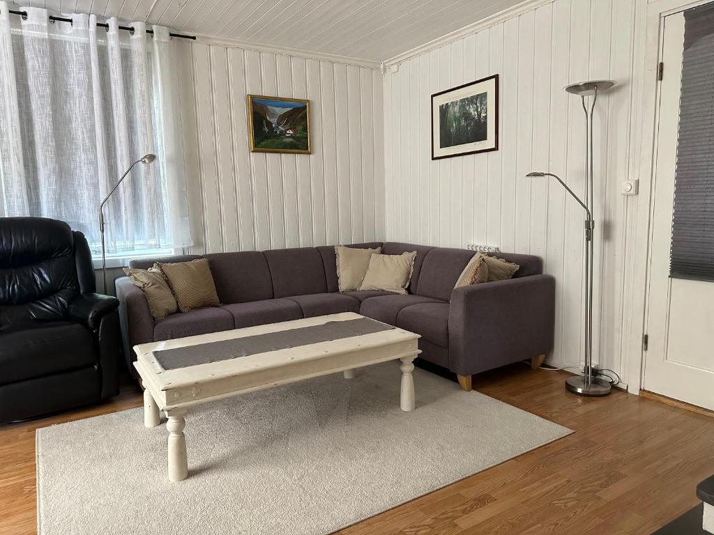 Oslo House, Nedre Kjellerstuvei, First floor, Twin Room في ليلستروم: غرفة معيشة مع أريكة وطاولة قهوة