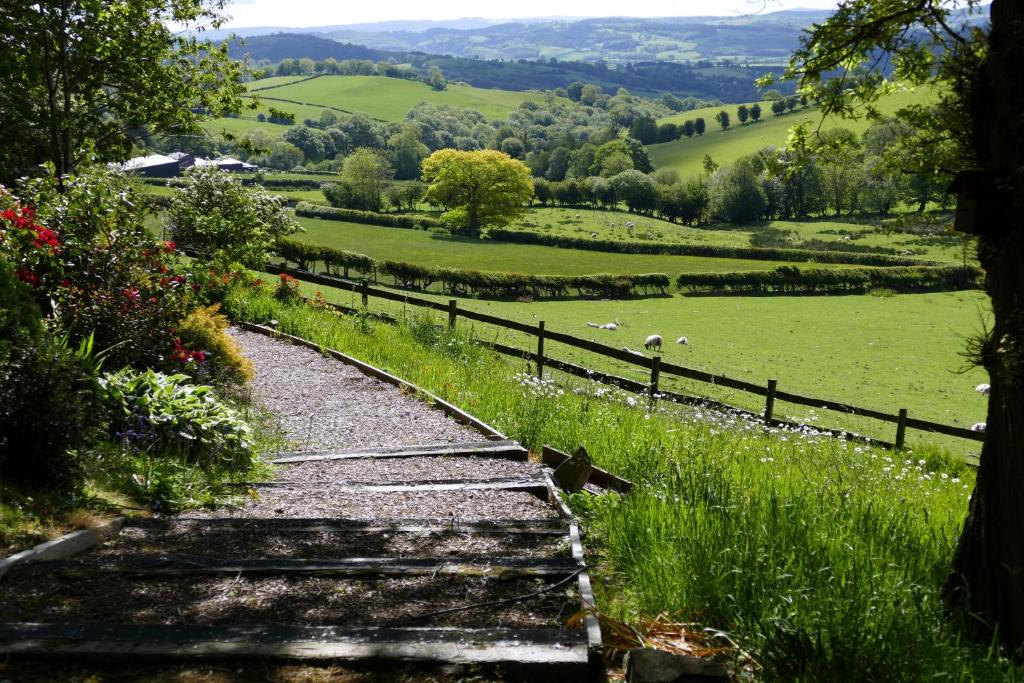 a view of a grassy hill with a train track at Barley Cottage - 5* Cyfie Farm with log burner and private covered hot tub in Llanfyllin