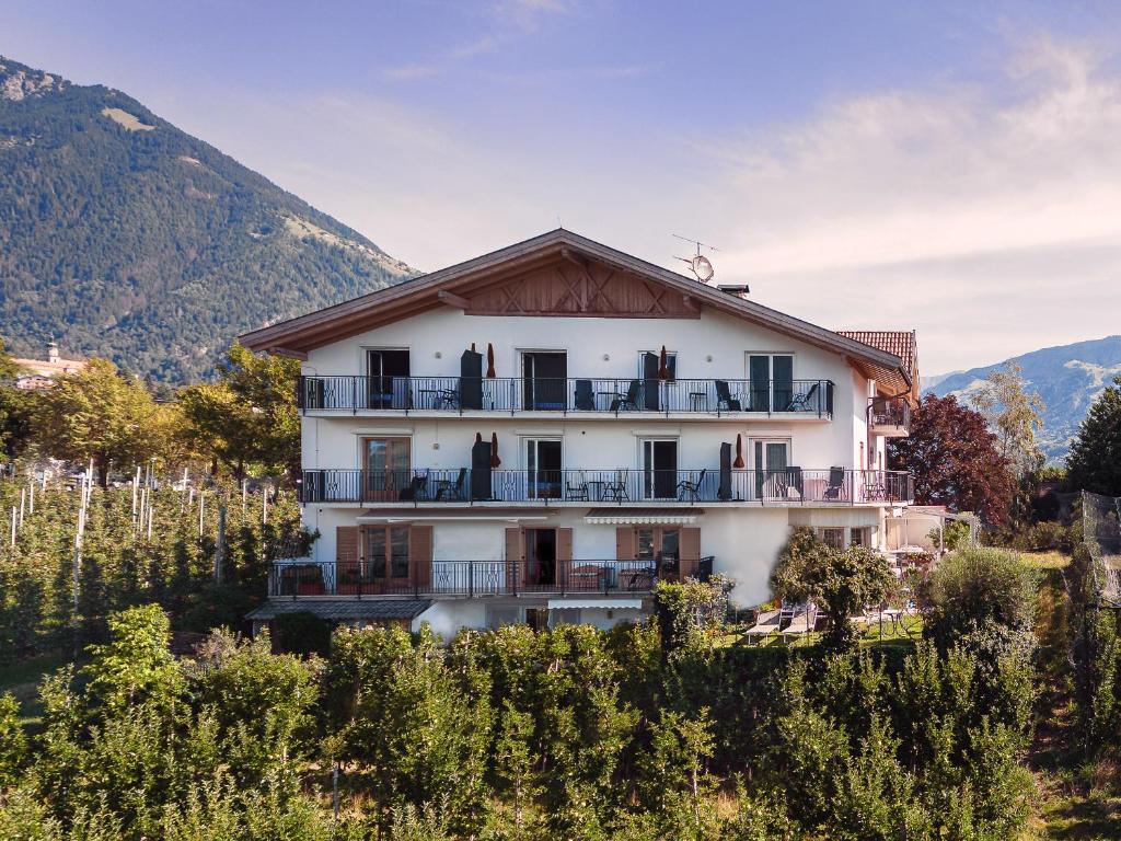 una casa en un viñedo con montañas en el fondo en Garni Hotel Walburg en Tirolo