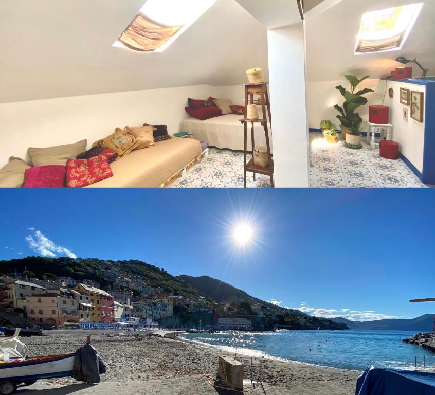 Habitación con cama y vistas a la playa en JOY BAMBOO, Downtown, three min from the Sea en Bogliasco