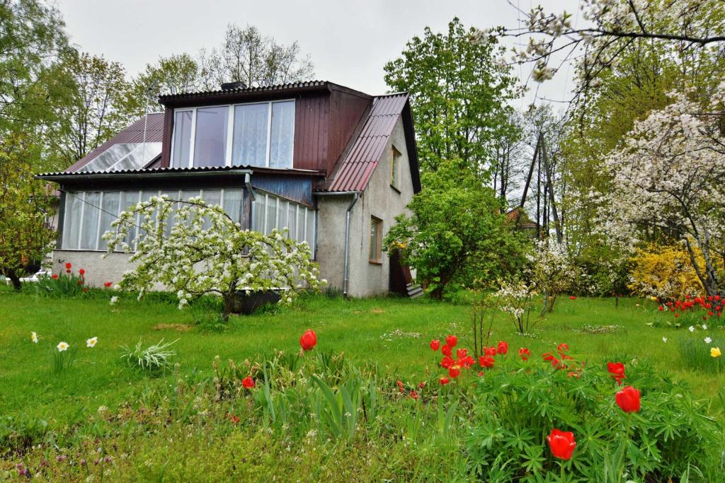 une maison dans un champ avec des fleurs devant elle dans l'établissement Gundegas, à Engure