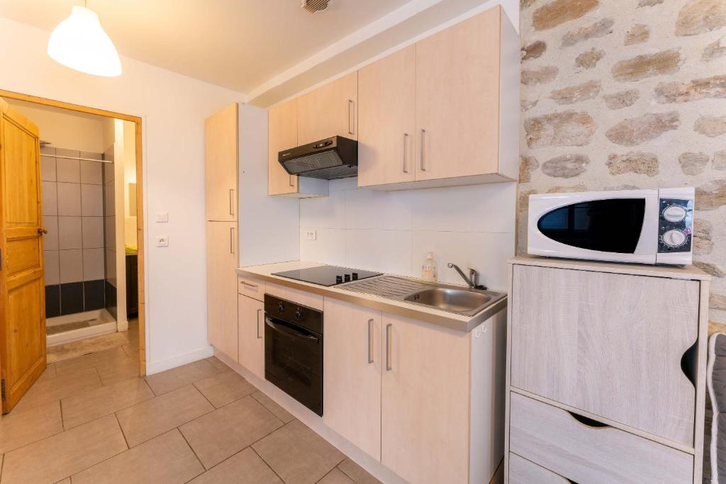 a small kitchen with a sink and a microwave at Studio Meuble Pied Du Ventoux in Malaucène