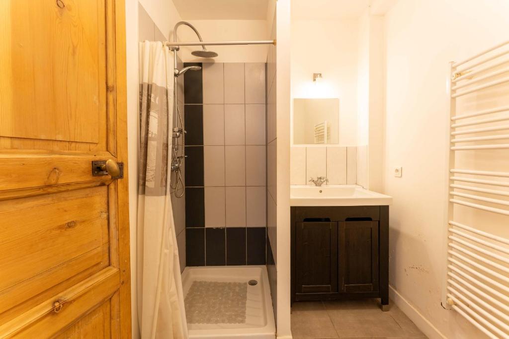 a small bathroom with a shower and a sink at Studio Meuble Pied Du Ventoux in Malaucène