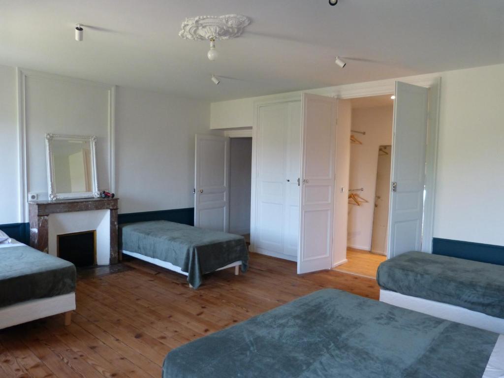 Cette chambre comprend 2 lits et une cheminée. dans l'établissement Chambres d'Hôtes Les Pergolas, à Marcigny