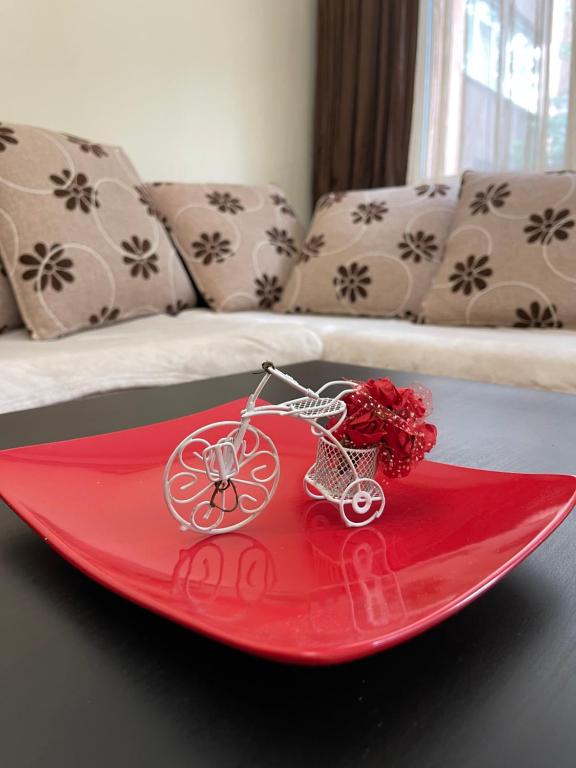 uma placa vermelha com uma bicicleta em miniatura em cima de uma mesa em 2 Bedroom Apartment City em Blagoevgrad