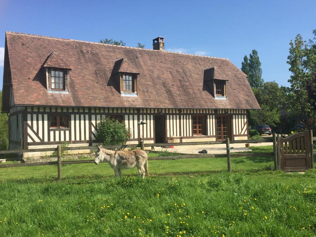 a wolf standing in front of a house at Chambre chez Corinne in Fourneville