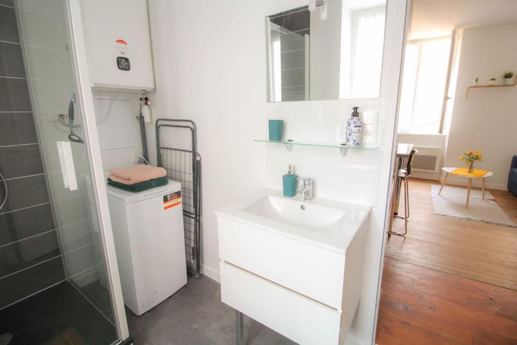 a white bathroom with a sink and a shower at Le Pastel - grand studio rénové in Angoulême