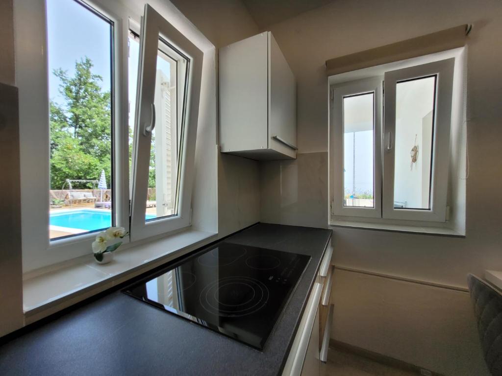 Kuchyň nebo kuchyňský kout v ubytování Ferienwohnung mit Pool Kroatien mit Meerblick und Pool