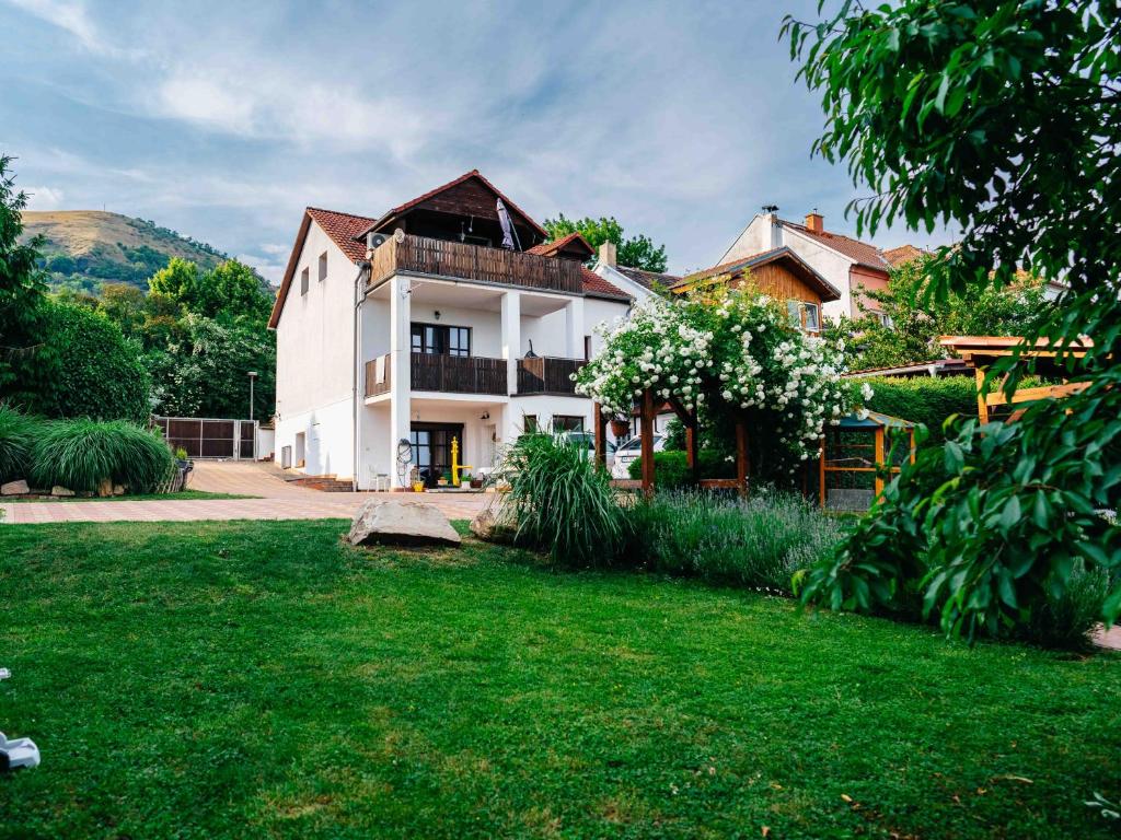 una gran casa blanca con un patio verde en Penzion Labská Vyhlídka, en Litoměřice