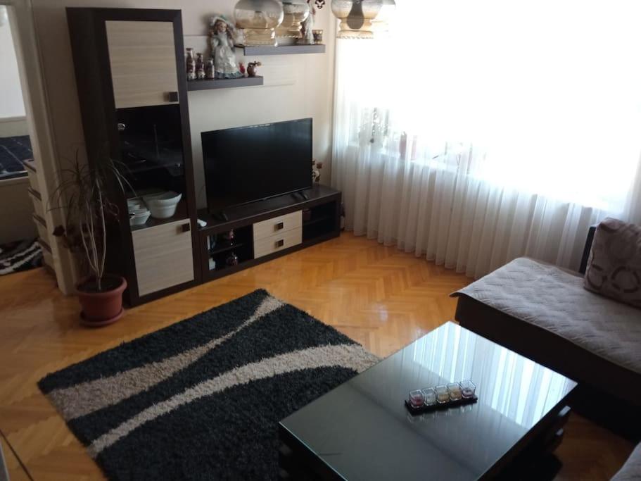 een woonkamer met een bank en een televisie bij Maria's Place in Bitola