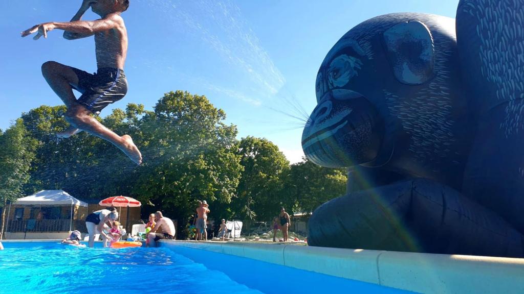 un joven saltando a una piscina en Camping Le Pré Cathare, en Lavelanet