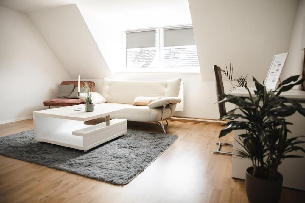 un salon avec un canapé blanc et une plante en pot dans l'établissement Modernes Apartment Schwarzenfeld, à Schwarzenfeld