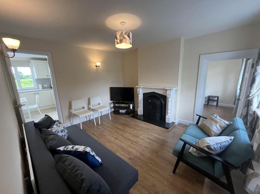 ein Wohnzimmer mit einem Sofa und einem Kamin in der Unterkunft The Moorlands in Dundalk
