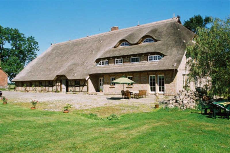 a large building with a thatched roof on a yard at Ruegen Fewo 207 in Moisselbritz