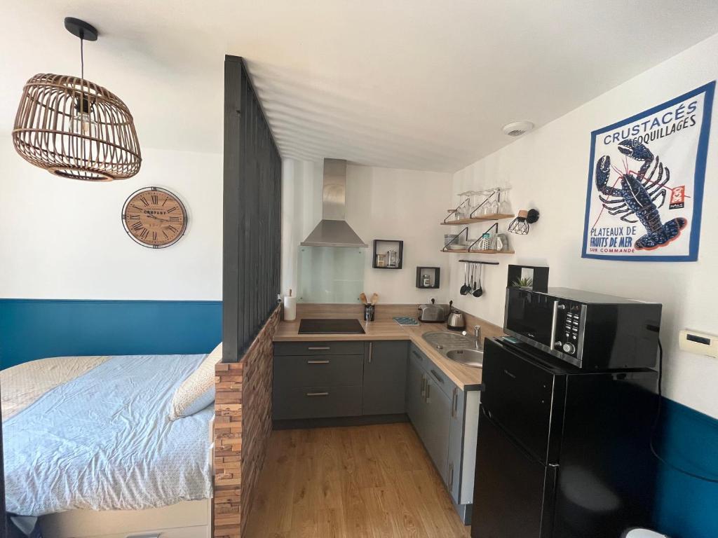 - une cuisine avec un lit, un évier et un four micro-ondes dans l'établissement STUDIO LA FREGATE - CENTRE VILLE LORIENT, à Lorient