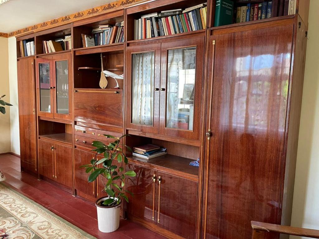 un armario de madera con una planta en una habitación en family homestay en Osh