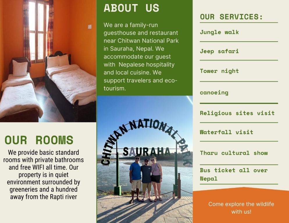 a flyer for a hotel with a picture of a room at Tara guesthouse - Sauraha,Chitwan in Sauraha