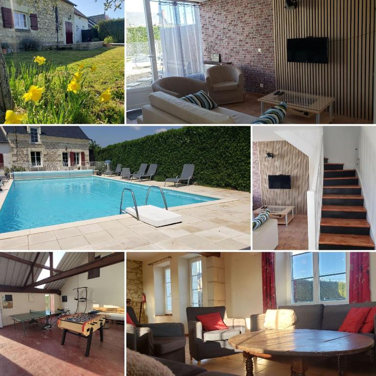 un collage de photos d'une maison et d'une piscine dans l'établissement Gites les volets rouges d'Allonnes, à Allonnes