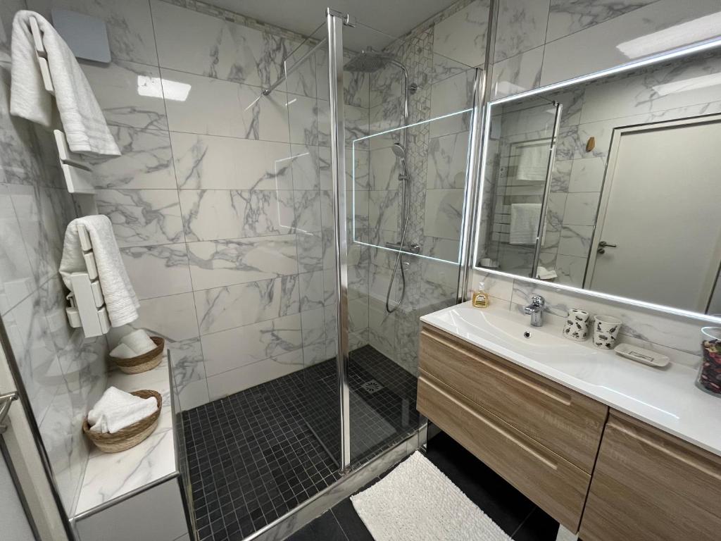 a bathroom with a shower and a sink at Le Richelieu in Courbevoie