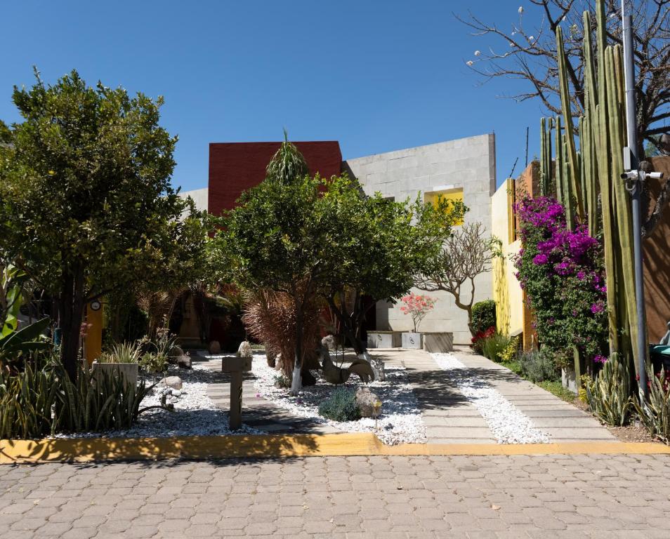 a garden with trees and flowers on a sidewalk at Casa Berth lu in Oaxaca City