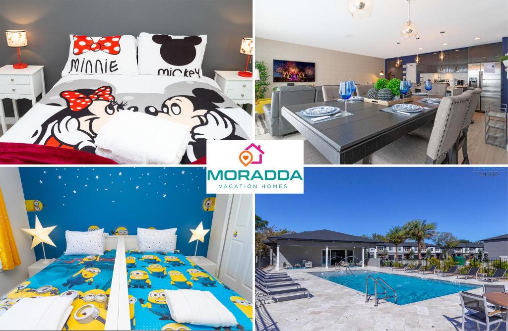 eine Collage mit Fotos mit einem Schlafzimmer und einem Pool in der Unterkunft Gorgeous and New House at Le Reve Resort (214221) in Kissimmee