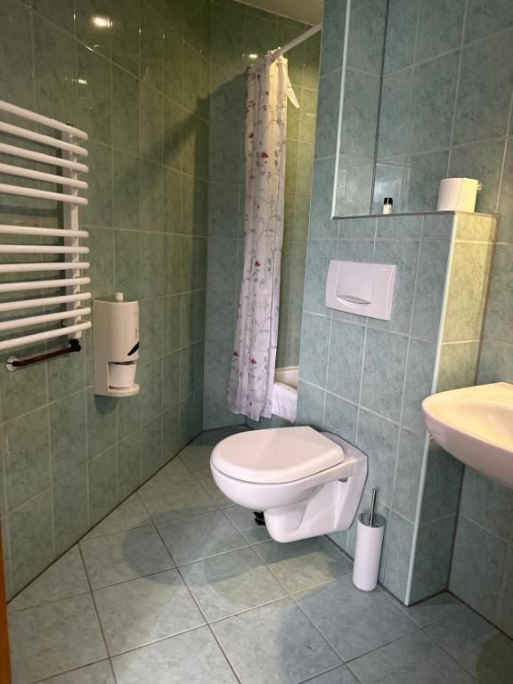 łazienka z toaletą i umywalką w obiekcie Anielski Zakatek Polanczyk w Polańczyku