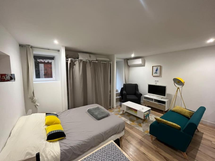 1 dormitorio con 1 cama, 1 silla y TV en Studio centre village, en Bocognano