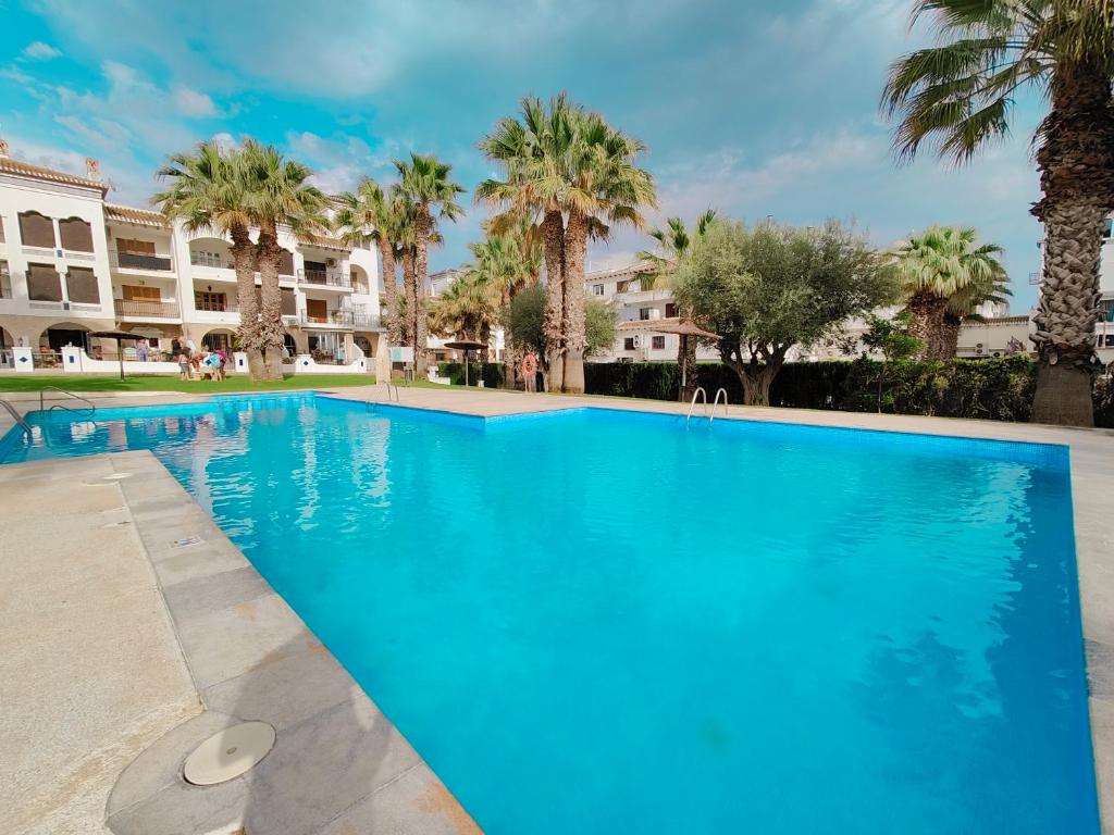una gran piscina azul con palmeras y edificios en Spot For Golf Lovers Villamartin, en Orihuela